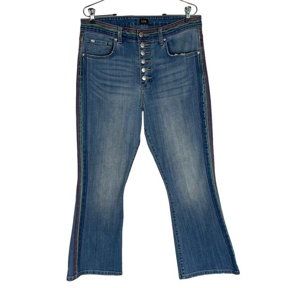 Lee Rainbow Striped Y2K Kick Flare Button Fly Blue Ankle Jeans Size 12 - Picture 1 of 9